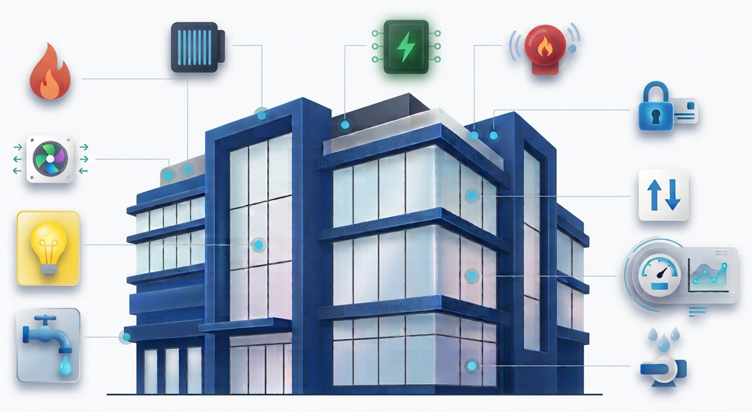 Illustration d'un bâtiment tertiaire connecté aux systèmes supervisés en GTB : chauffage, climatisation, éclairage, eau chaude sanitaire, électricité, sécurité incendie, contrôle d'accès, ascenseur, énergie et eaux pluviales